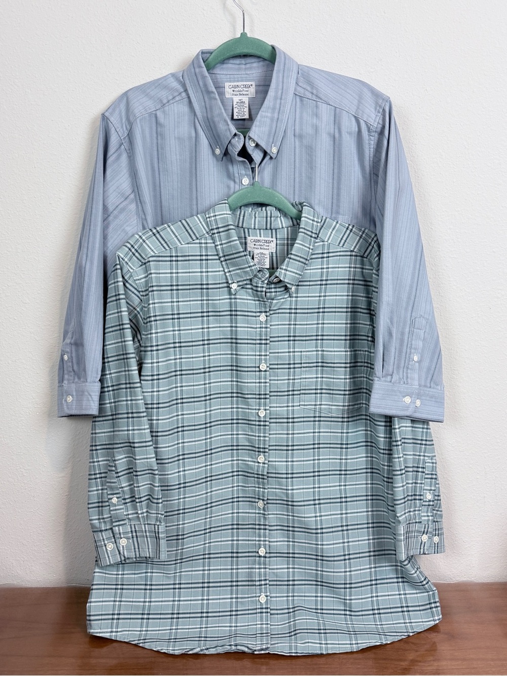 2 Cabin Creek Blue & Green Plaid Women's Button-Down Shirts Wrinkle Free 14 Tall